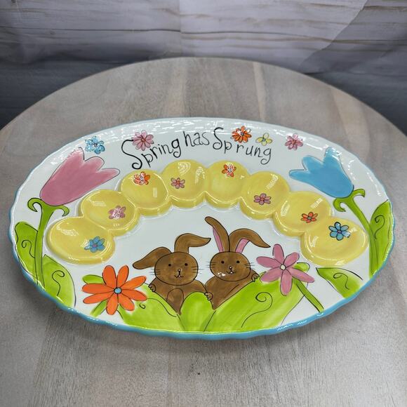 Colorful CRACKER BARREL Ceramic Egg Plate Bunny Flowers 'SPRING HAS SPRUNG' 13" - Picture 1 of 7
